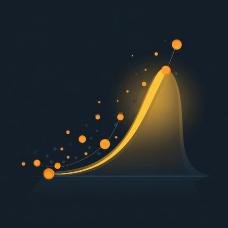 This abstract image illustrates a growth trend with a luminous yellow curve and vibrant dots, symbolizing data analysis, business metrics, and success in a modern context.の素材