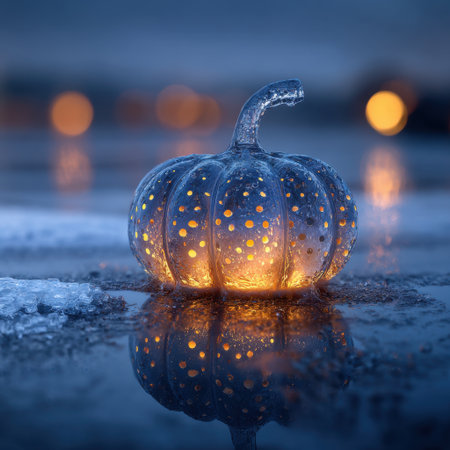 An enchanting ice pumpkin glows softly at twilight, its intricate carvings reflecting on a calm lake, creating a magical winter ambiance and a unique seasonal decoration.の素材