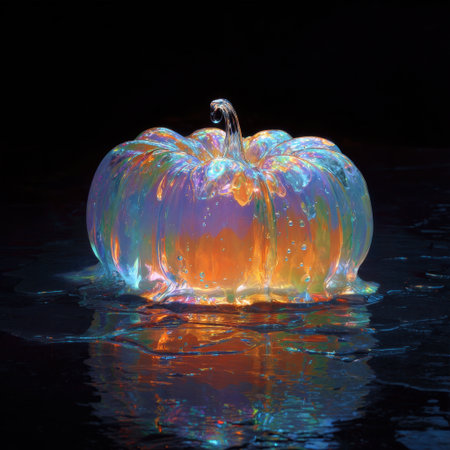 This stunning image features an iridescent pumpkin on a glossy surface, capturing a magical blend of colors and reflections, perfect as a decorative piece for seasonal themes.の素材