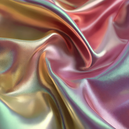 Close-up view of soft fabric exhibiting beautiful pastel colors, shimmering light, and fluid textures, perfect for artistic projects, fashion design, or elegant backgrounds.の素材