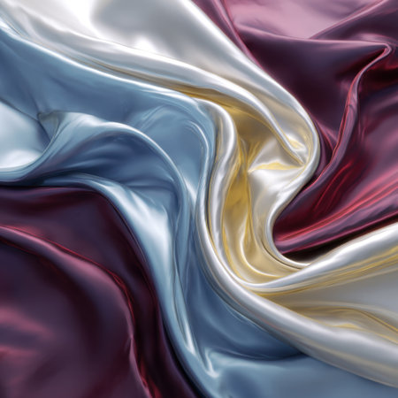 This image showcases luxurious satin fabric showcasing elegant waves of rich burgundy, silver, and gold tones, ideal for fashion and interior design inspiration.の素材
