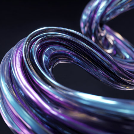 Dynamic metallic shapes twist and flow in vibrant colors, creating a stunning abstract visual suitable for modern art, backgrounds, and creative projects.の素材