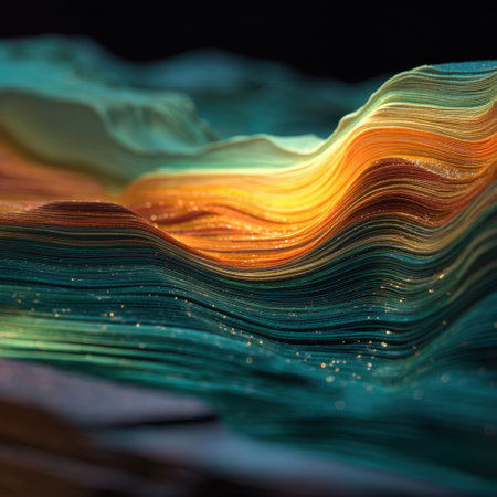 An artistic representation of colorful paper layers creating abstract waves, showcasing vibrant colors, textures, and light reflections, perfect for design inspirations.の素材