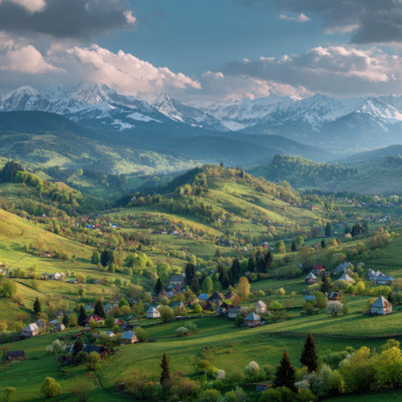Breathtaking view of rolling hills with vibrant greenery and blossoming flowers, set against a backdrop of majestic snow-capped mountains and a bright, sunny sky.の素材