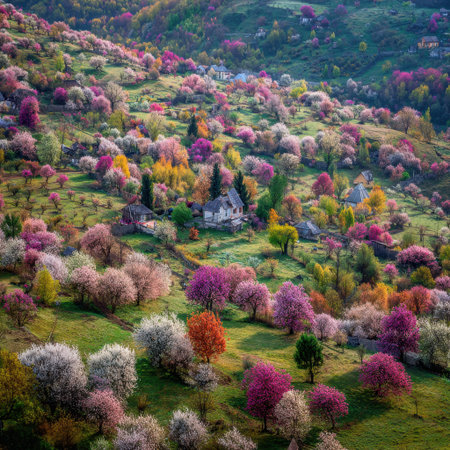 A breathtaking spring landscape showcasing a vibrant display of colorful blossoming trees on rolling hills, creating a peaceful and serene rural scene.の素材