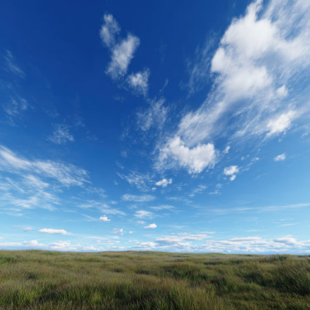 A serene landscape featuring a vast blue sky with soft white clouds above lush green grass. Perfect for illustrating themes of nature, peace, and tranquility.の素材