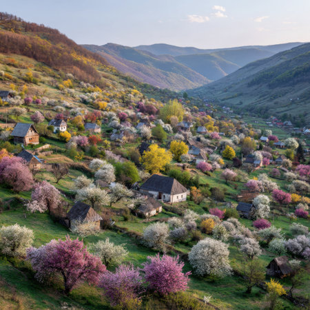 A breathtaking aerial view of a mountain village in spring, featuring blooming trees in vibrant colors, lush green hills, and a tranquil atmosphere under a clear sky.の素材