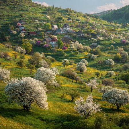 A captivating spring scene showcasing a village surrounded by lush green hills and blooming fruit trees, creating a picturesque and tranquil atmosphere.の素材