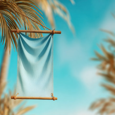 A serene beach scene featuring a light blue hanging fabric amidst lush tropical palm trees, evoking feelings of calm and inviting summer vibes perfect for vacations.の素材