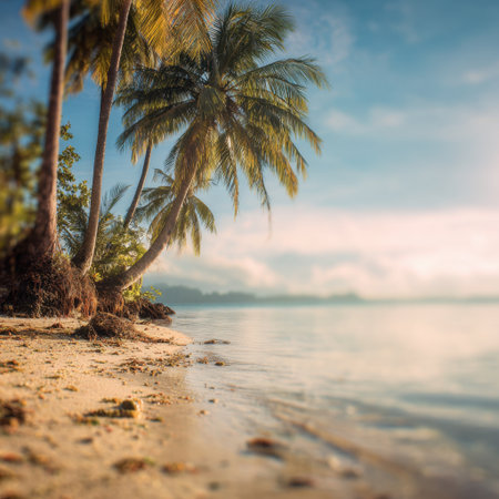 A serene beach scene featuring vibrant palm trees, soft sand, and gentle ocean waves, capturing the essence of a tropical paradise perfect for relaxation and escape.の素材