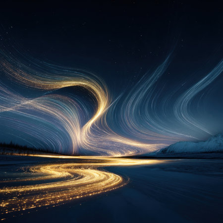 Discover a mesmerizing scene of swirling light trails against a dark night sky, creating an enchanting atmosphere that inspires creativity and wonder in the viewer.の素材