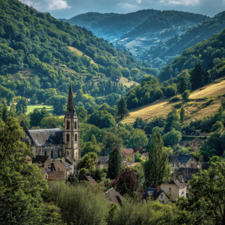 A picturesque landscape displaying a charming church nestled among verdant hills, surrounded by lush foliage under a clear blue sky, ideal for travel and nature enthusiasts.の素材