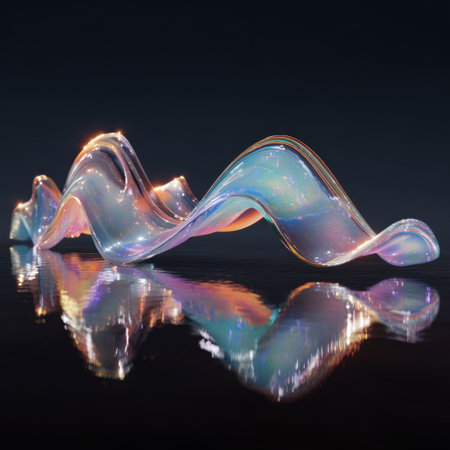A mesmerizing wave of colorful light reflects beautifully against a dark background, showcasing smooth, translucent shapes that create an enchanting visual experience.の素材