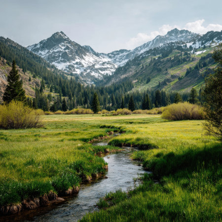 A breathtaking view of a serene mountain landscape featuring lush meadows, a gentle stream, and snow-capped peaks under a clear blue sky, perfect for nature lovers.の素材