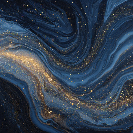 This image showcases a mesmerizing abstract cosmic background with swirling blue and gold patterns, ideal for various artistic and digital applications.の素材