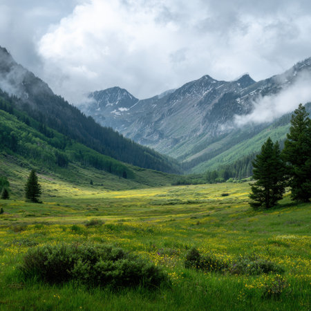 Experience the serenity of mountains and meadows, where vibrant green grass meets dramatic clouds, creating a perfect backdrop for adventure and tranquility in nature.の素材