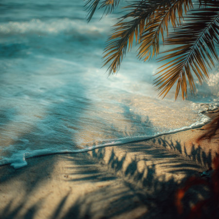 Experience a peaceful beach scene where gentle waves meet the shore, accompanied by the delicate shadows of palm trees, perfect for relaxation and tranquility.の素材