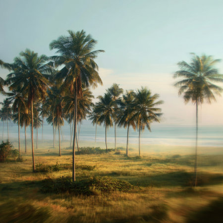 A picturesque tropical scene featuring tall palm trees swaying gently, overlooking a tranquil beach and ocean, creating an idyllic setting perfect for relaxation and nature lovers.の素材