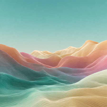 Dreamy abstract landscape featuring colorful waves and gradient shades, creating a tranquil visual experience with soft hues that evoke a serene atmosphere.の素材