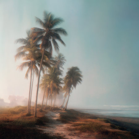 A serene beach scene featuring lush palm trees under a soft sunrise, perfect for evoking feelings of peace and relaxation in a tropical paradise.の素材