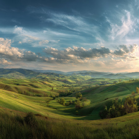 Experience a stunning panoramic landscape featuring rolling green hills, a vibrant blue sky, and soft, fluffy clouds, creating a serene and peaceful atmosphere in nature.の素材