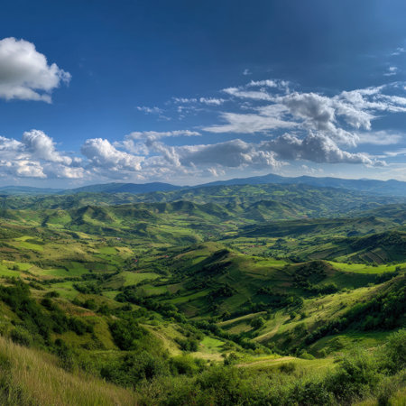 Explore a stunning panoramic landscape featuring rolling green hills and valleys beneath a vibrant blue sky adorned with white clouds, perfect for nature lovers and outdoor exploration.の素材
