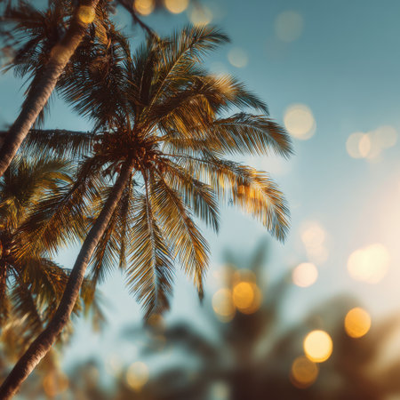 Beautiful tropical palm trees stand tall against a dreamy golden bokeh background, evoking feelings of peace and relaxation. Perfect for vacation or nature-themed projects.の素材