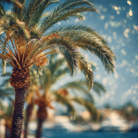 Experience the serene beauty of lush palm trees by the seaside, with sparkling reflections on the water, embodying the essence of a tropical getaway under a bright blue sky.の素材