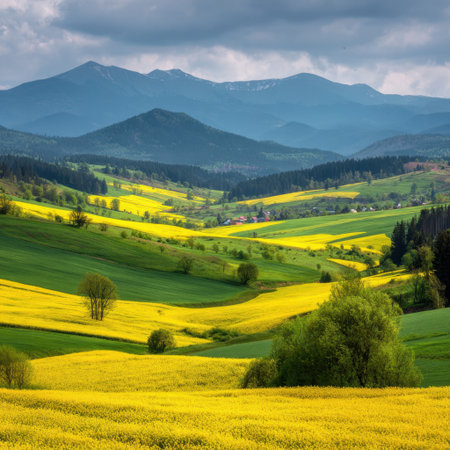 A breathtaking view of a colorful landscape featuring rolling hills adorned with bright yellow fields and majestic mountains in the distance, perfect for nature lovers.の素材