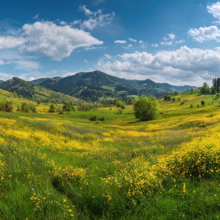 Experience the serenity of a vast meadow adorned with colorful wildflowers, framed by rolling hills and under a captivating blue sky dotted with clouds.の素材