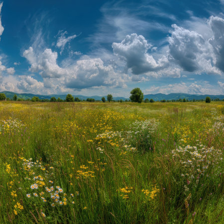 A stunning view of a vibrant meadow filled with wildflowers under a dramatic blue sky, showcasing the beauty of nature and providing a serene atmosphere for relaxation.の素材
