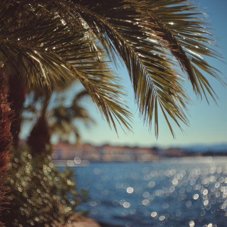 A captivating view featuring a palm tree framing tranquil blue water, highlighted by sunlight and bokeh effects, perfect for relaxation and scenic beauty.の素材