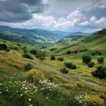 Captivating view of a lush green valley adorned with colorful wildflowers under a partly cloudy sky, creating a serene and picturesque natural landscape perfect for outdoor enthusiasts.の素材