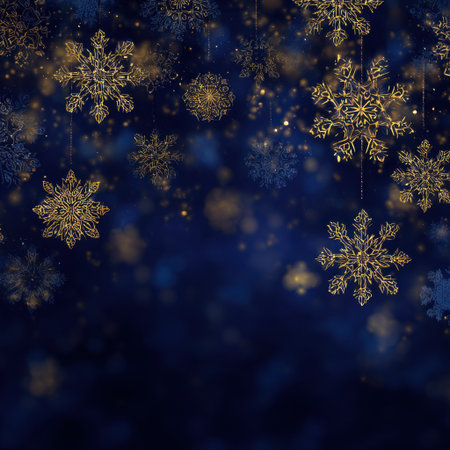 A captivating scene of delicate snowflakes gracefully falling against a deep blue background, ideal for winter-themed design projects, cards, or festive decorations.の素材