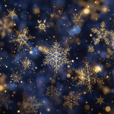 A stunning winter-themed background featuring golden snowflakes set against a dark blue backdrop, ideal for holiday designs and warm festive spirit.の素材