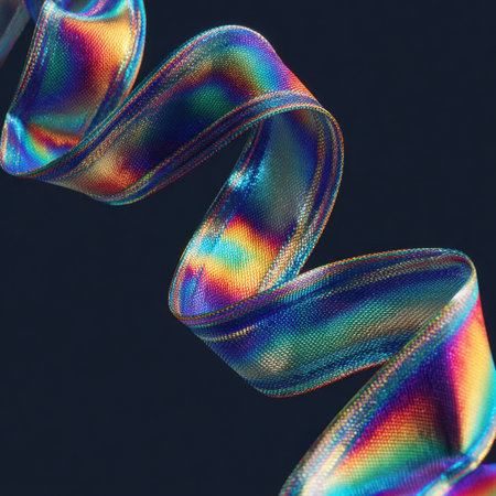 Explore the beauty of a twisting satin ribbon displaying vibrant iridescent colors against a dark backdrop, perfect for design projects and creative inspirations.の素材