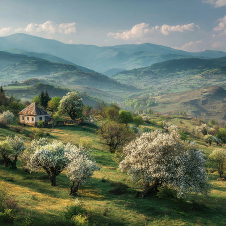Idyllic rural scene featuring a quaint house surrounded by blooming trees and green hills under a clear sky, inviting a sense of peace and tranquility in nature.の素材