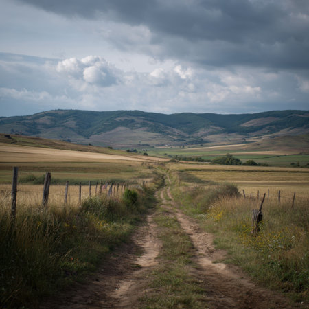 A tranquil rural scene featuring a winding dirt path through golden fields and rolling hills, accentuated by a dramatic sky filled with clouds, evoking peace and beauty in nature.の素材