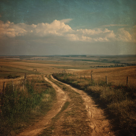 A tranquil country landscape featuring a dirt road winding through expansive fields, under a captivating sky filled with clouds, perfect for nature-themed projects and travel inspiration.の素材