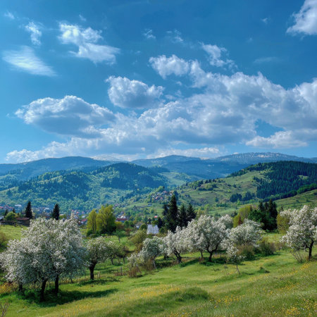 A picturesque landscape showcasing blooming trees against rolling hills, bathed in sunlight and under a clear blue sky, creating a serene and tranquil atmosphere.の素材