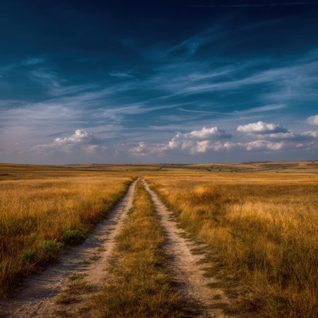 A picturesque landscape featuring a winding path through lush meadows, illuminated by soft sunlight under a dramatic blue sky. Perfect for evoking a sense of tranquility.の素材