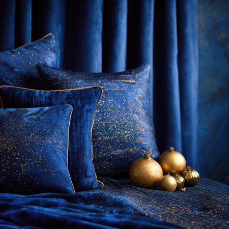 A stunning arrangement of blue velvet cushions paired with gold ornaments creates a cozy and elegant atmosphere, perfect for seasonal home decor and stylish interiors.の素材