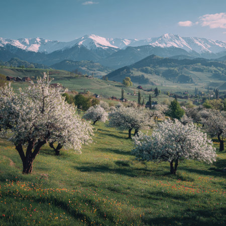 A stunning spring landscape featuring blooming fruit trees amidst verdant hills and majestic snow-capped mountains, all bathed in warm sunlight under a clear blue sky.の素材