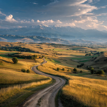 Explore a breathtaking rural landscape featuring a winding dirt road, lush green fields, and majestic mountains beneath a dramatic sky, evoking tranquility and adventure.の素材