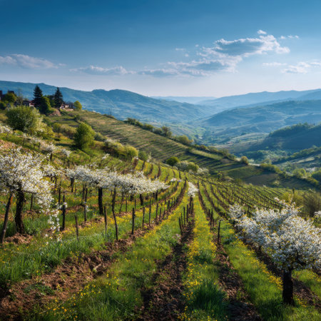 A stunning view of rolling vineyards adorned with blossoming trees, set against a clear blue sky. This landscape captures the essence of serene rural beauty and agricultural charm.の素材