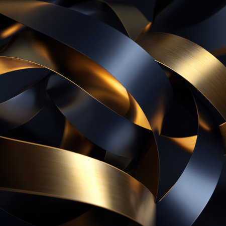 A captivating abstract image featuring dark and golden ribbons intertwined, showcasing smooth textures and elegant lines with striking reflections and shadows.の素材