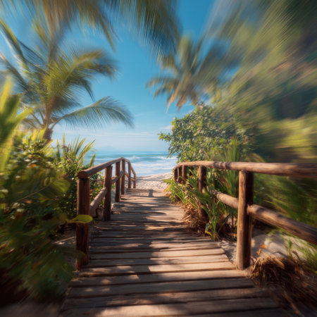 A picturesque wooden pathway meanders through lush tropical plants, leading to a calm beach and tranquil ocean, offering an inviting escape into nature's paradise.の素材