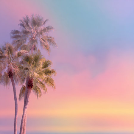 Experience the beauty of a tranquil sunset at a tropical beach, with silhouetted palm trees against a mesmerizing pastel sky, creating a serene and picturesque scene.の素材