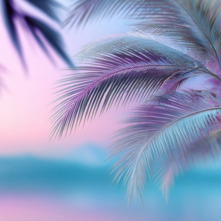 Soft pastel colors blend harmoniously with elegant tropical leaves, creating a serene atmosphere perfect for promoting relaxation and tranquility in various design projects.の素材