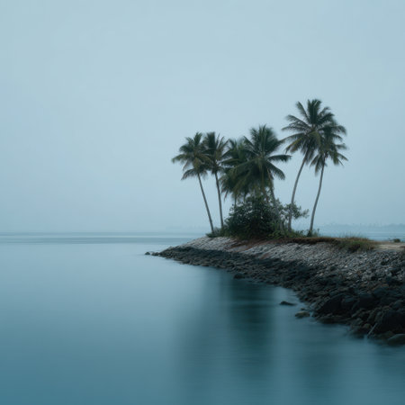 A tranquil tropical scene featuring palm trees along a quiet shoreline, with calm waters and a soft foggy sky, ideal for evoking relaxation and escape in natural beauty.の素材